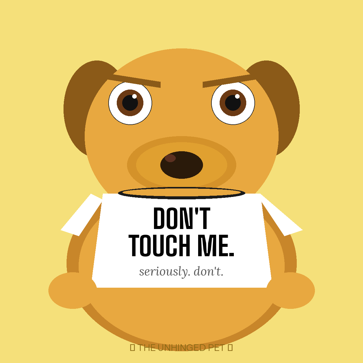 Grumpy golden retriever wearing the Don't Touch Me tee