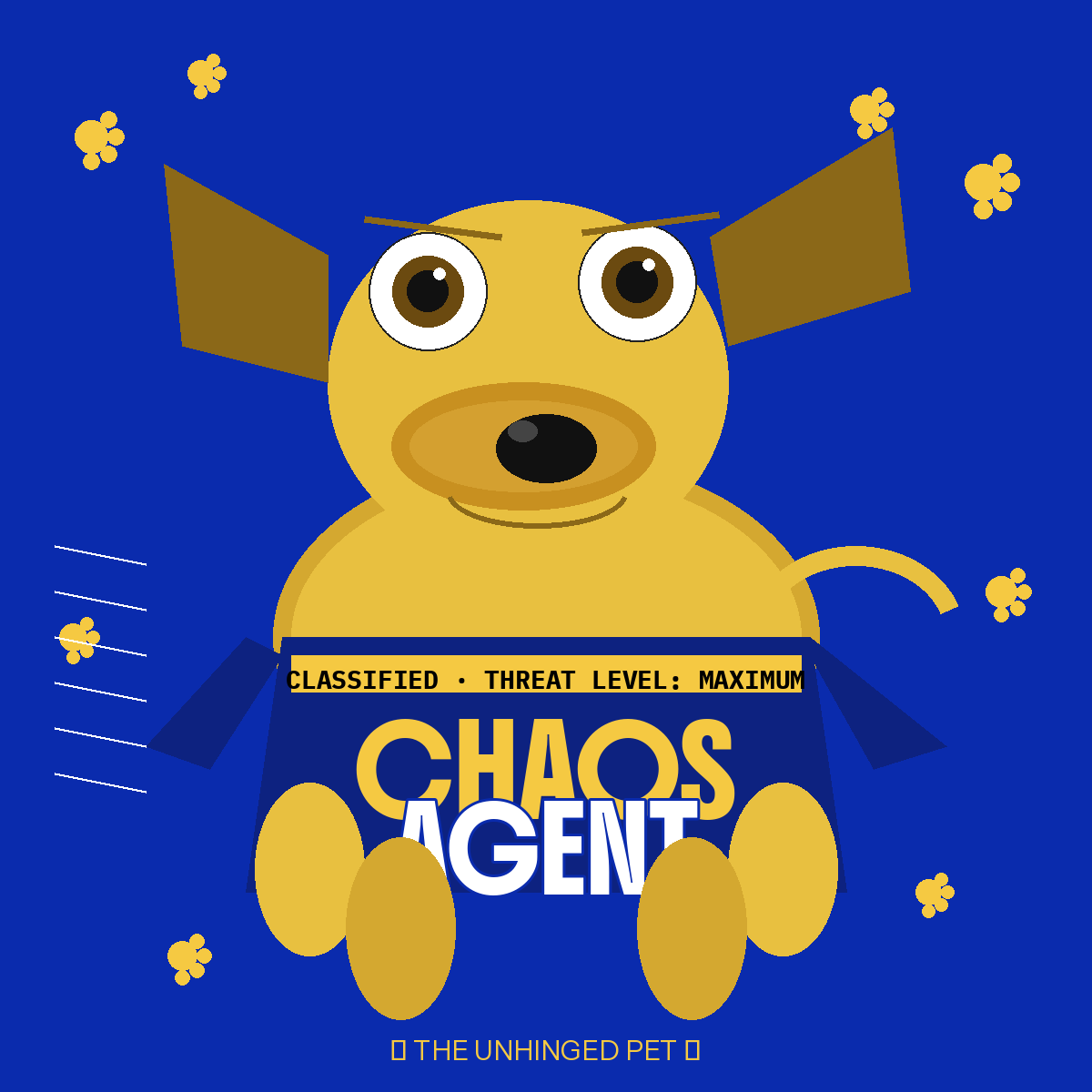 Energetic dog wearing the Chaos Agent tee