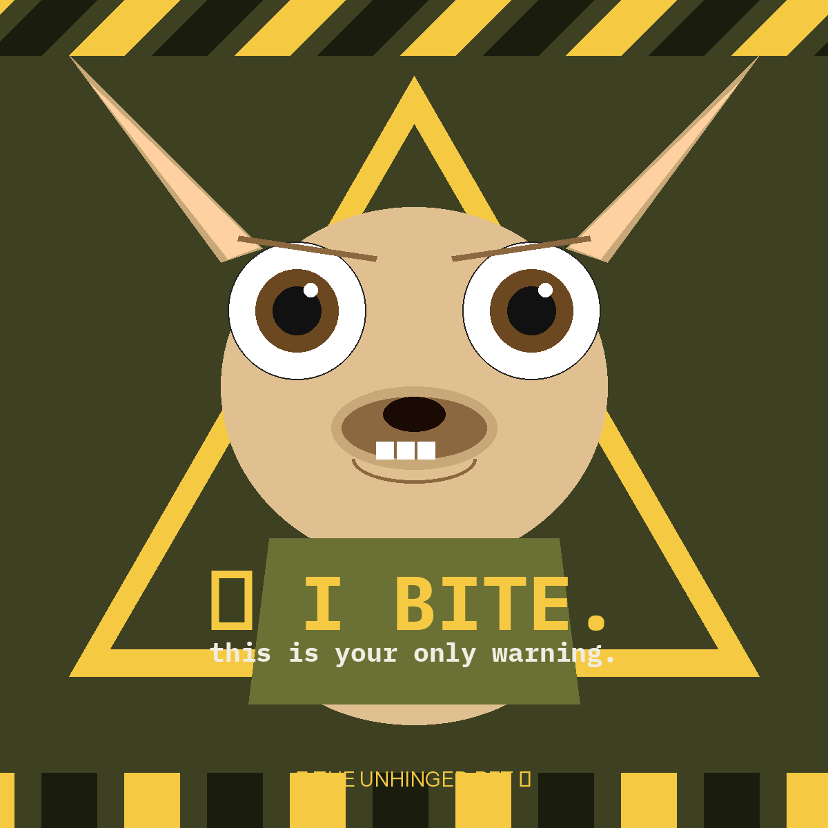 Tiny chihuahua wearing the I Bite tee with warning signs