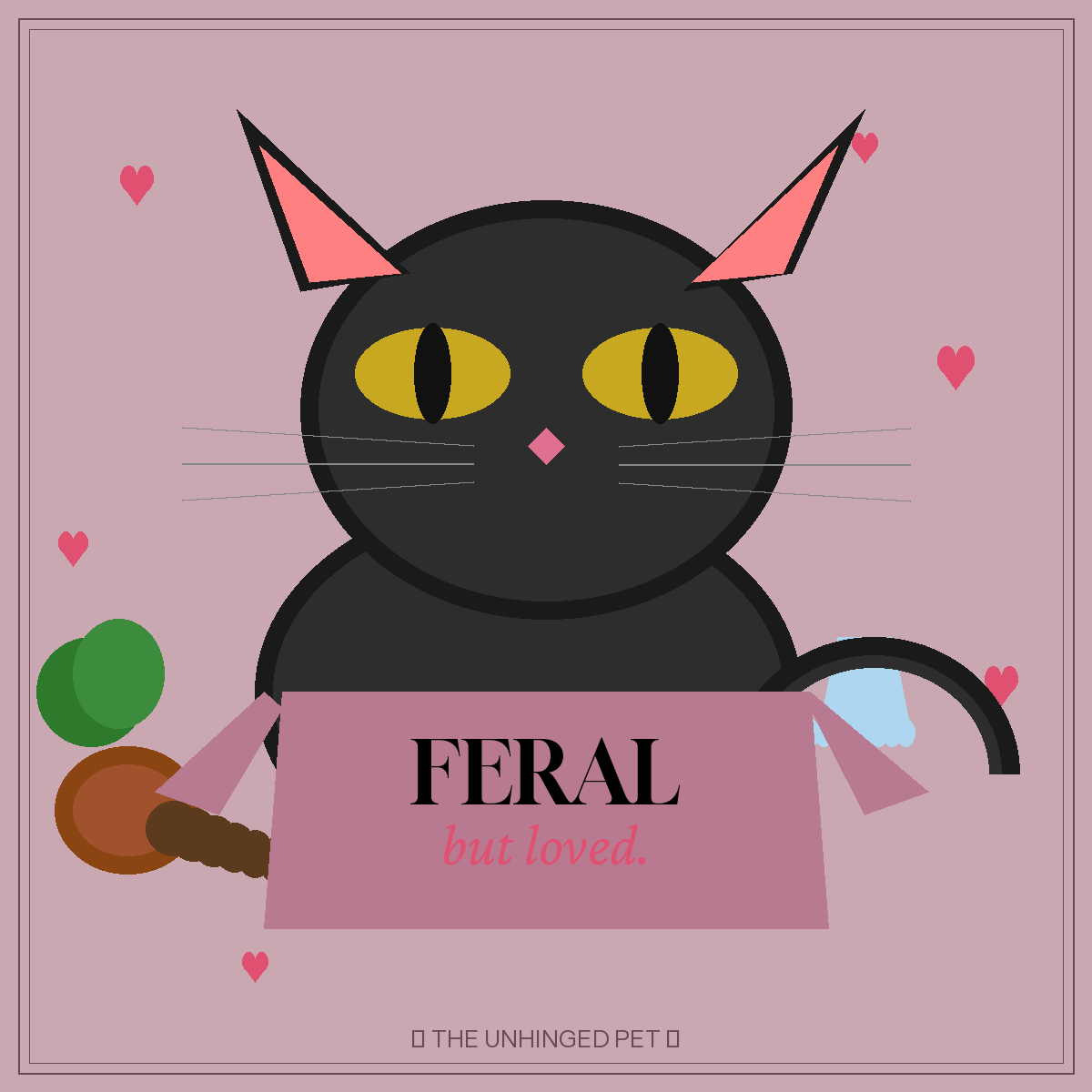 Black cat wearing the Feral Mode tee surrounded by chaos