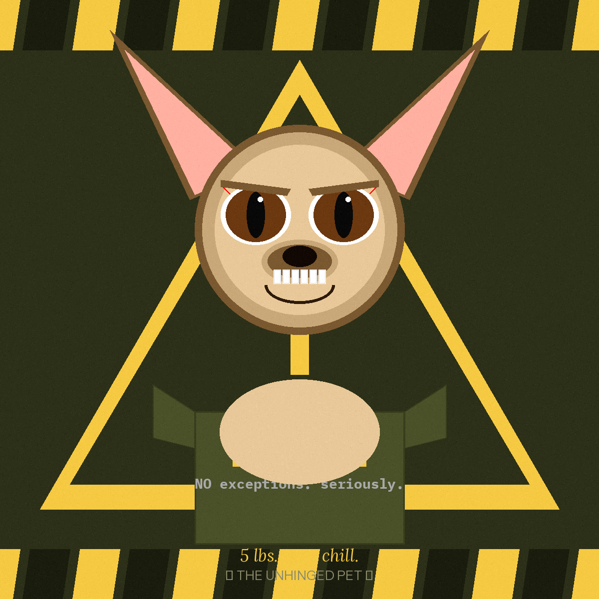 Chihuahua with I Bite tee and warning triangle
